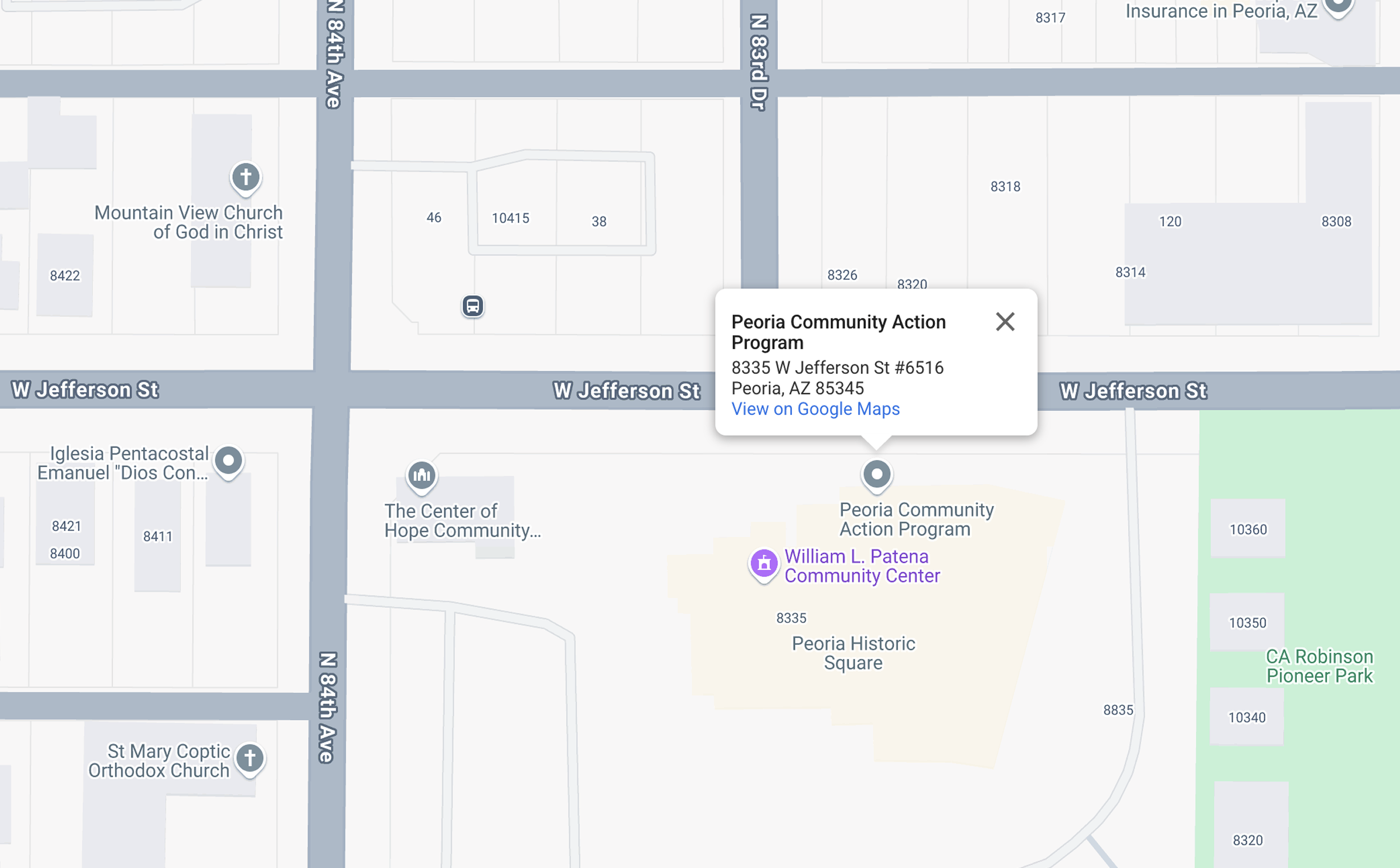 Screenshot of a the Peoria Community Resource Center on a map