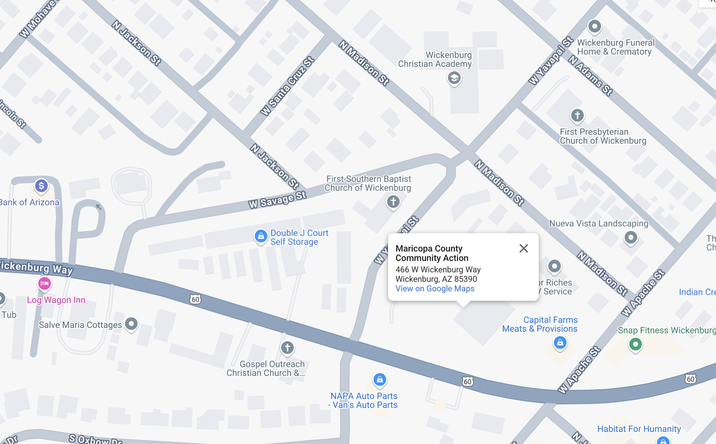 Screenshot of a the Wickenburg Community Resource Center on a map