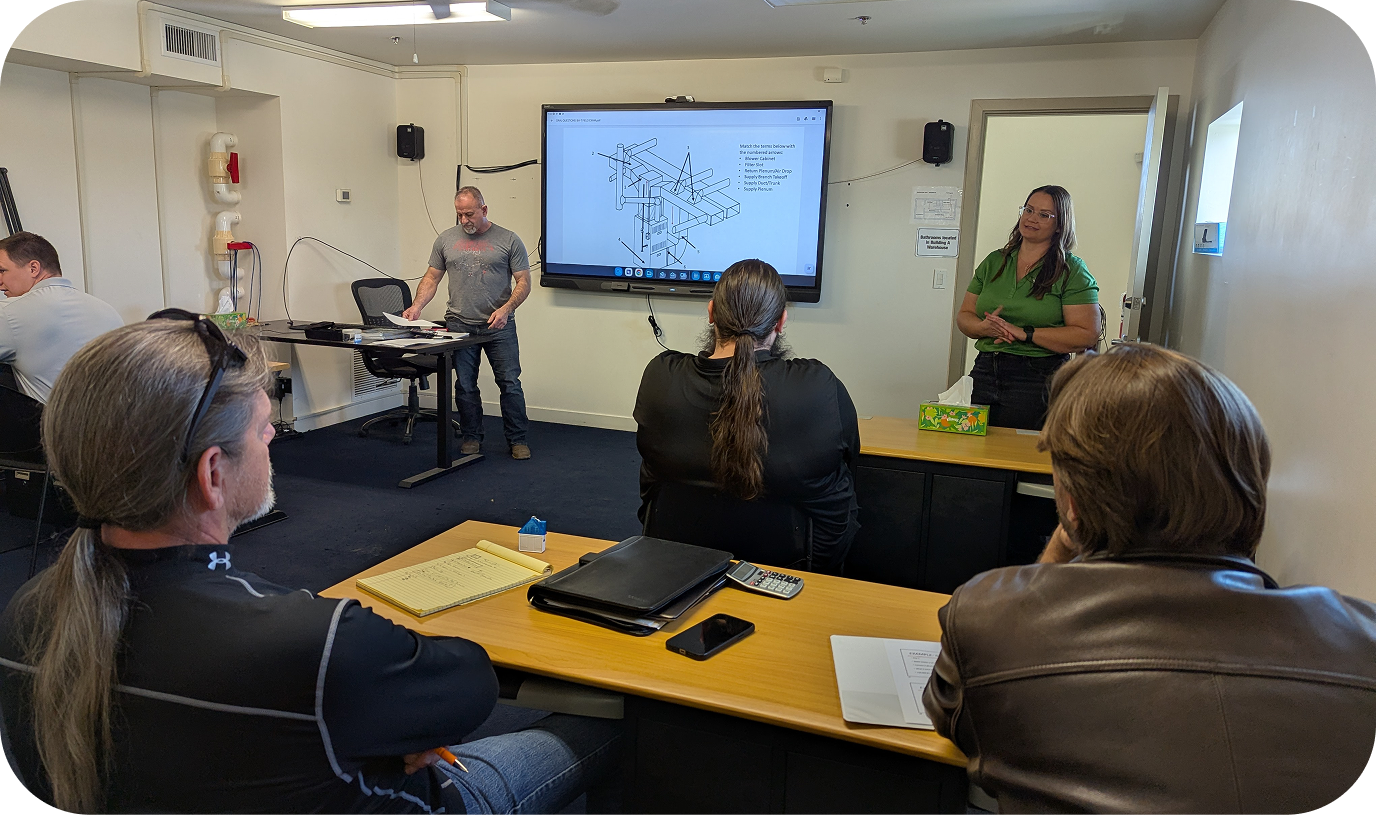 Two instructors in front of a classroom