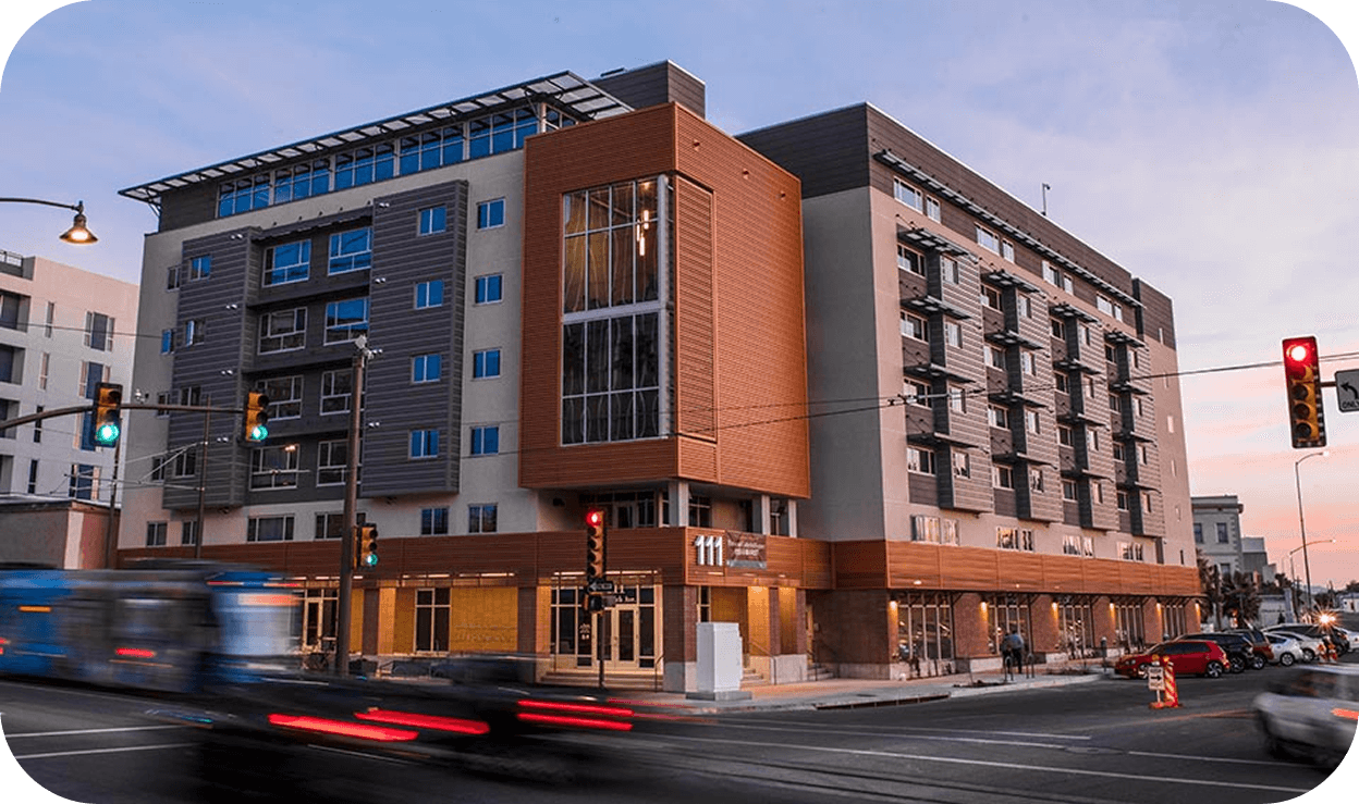 Exterior and an apartment building that is six stories tall
