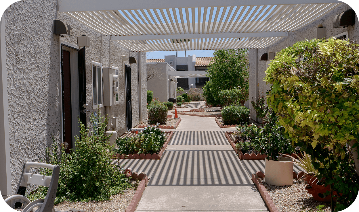 Exterior of a single level apartment complex